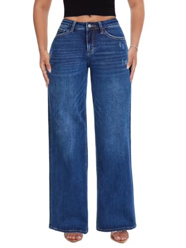 ONESO Wide Leg Jeans for Women Mid Low Rise Baggy Stretchy Denim Pants