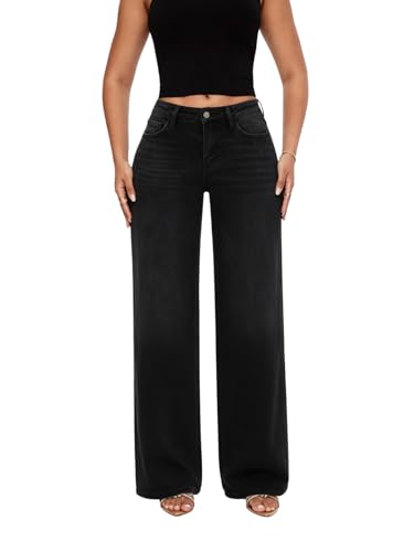 ONESO Wide Leg Jeans for Women Mid Low Rise Baggy Stretchy Denim Pants