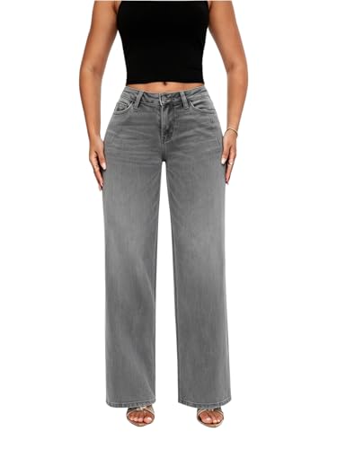 ONESO Wide Leg Jeans for Women Mid Low Rise Baggy Stretchy Denim Pants Grey